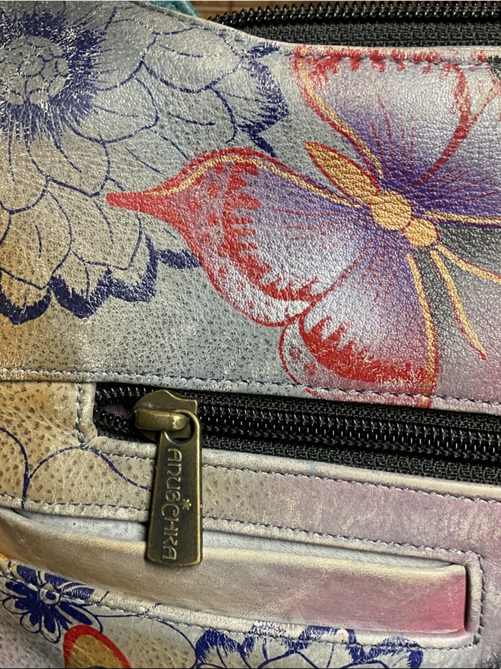 Anuschka Teal Strap Hand-Painted Metallic Butterfly Shoulder Bag - Picture 3 of 13